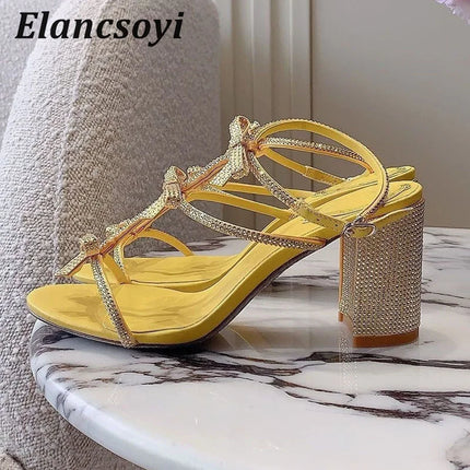 Chunky Heels Sandals Women's Shiny Rhinestone Bow-knot Open Toe Ankle Strap Sandalias Summer Fashion Party Wedding High Heels