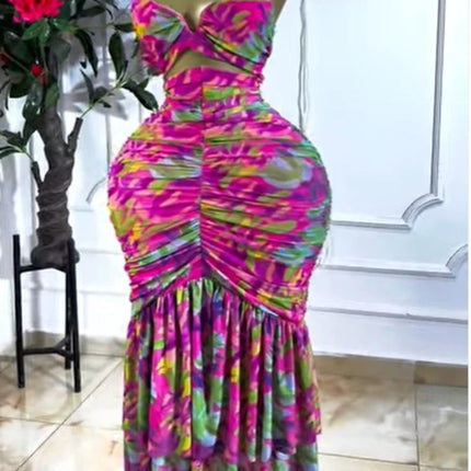 CM.YAYA 2026 Women's Tropical Floral Print Cutout Ruched Ruffle Midi Dress Summer Elegant Birthday Party Club Cocktail Dresses