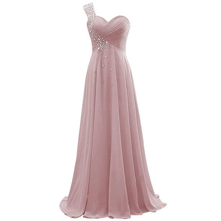 A Line Chiffon One Shoulder Bridesmaid Dresses Crystals Beading Pleat Elegant Wedding Party Formal Prom Evening Corset Back