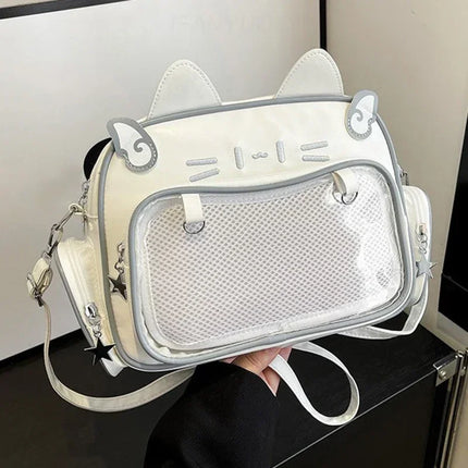 Women's Fashion Backpacks Y2K Style Japan Kawaii Cat Ita Bag PU Cute Girls Transparent Pocket Aesthetic Shoulder Crossbody Bags