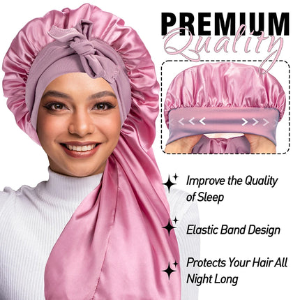 Women Extra Large Hair Long Silk Bonnet Cap & Elastic Satin Hair Band Comfortable Head Cover Night Sleep Hat for Sleeping Shower