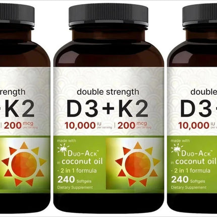 Vitamin D3 K2, 5000 IU D3 & 100mcg K2 MK-7, 240 Softgels with Coconut Oil, Bone & Immune Health Support Gluten Free Unflavored