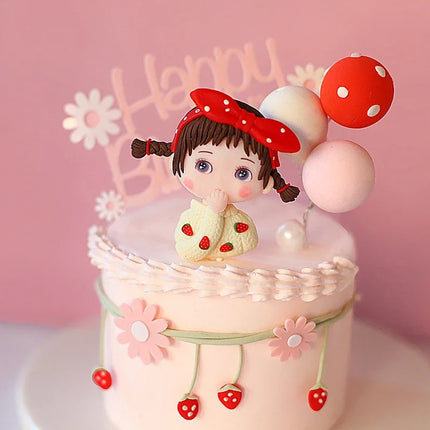 Cute Pink Girl Cake Topper Soft Taupo Point Bow Strawberry Playful Kids Doll Plug-in Party Dessert Cake Decoration Dress Up