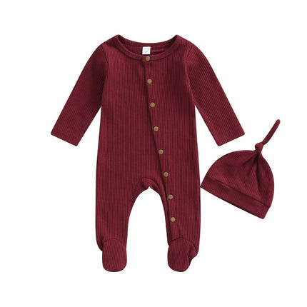 Baby Boys s Girl s Romper Set Round Neck Long Sleeve Button-Down Ribbed Feet Wrap Jumpsuit Hat