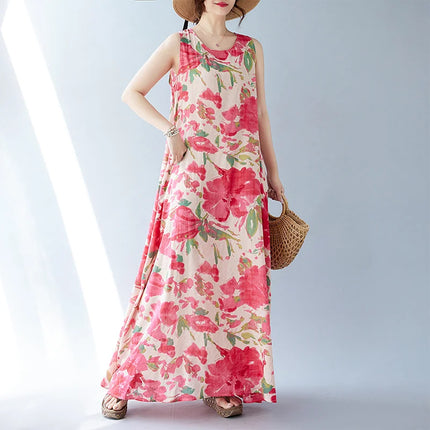 THHONE Summer Print Loose Women Robe Cotton Dress Sleeveless Casual Beach Style Long Ladies Womens Dresses Vestidos Para Mujer