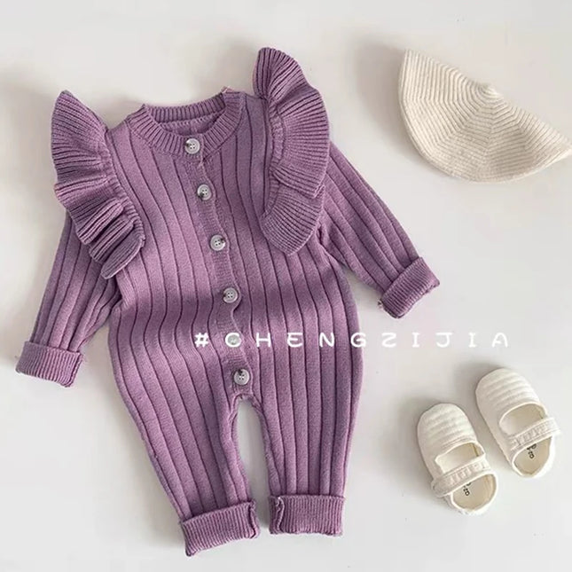 0-24M Newborn Baby Girl Autumn Winter Romper Long Sleeve O-Neck Knitting Jumpsuit Newborn Baby Knitted Purple Ruffled Clothing