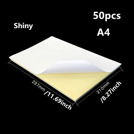 50 Sheets White A4 Self Adhesive Sticker Paper, Printable Label Paper Matte & Glossy Optional for Inkjet Laser Printer