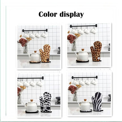 2Pcs/Set Kitchen Gloves Insulated Leopard Print Pad Microwave Gloves Oven Barbecue Rack Potholders Oven Mitts Potholder Pad