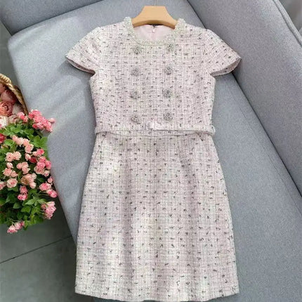 Spring Summer New Fashion Pink Tweed Handmade Beaded O Neck Dress Women Elegant Short Sleeve Slim Robe with Sashes Ladies 2025