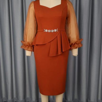 Elegant Office Lady Pencil Dress Sweetheart Neck Patchwork Mesh Puff Sleeve Irregular Peplum Rhinestone Belt Church Party Outfit