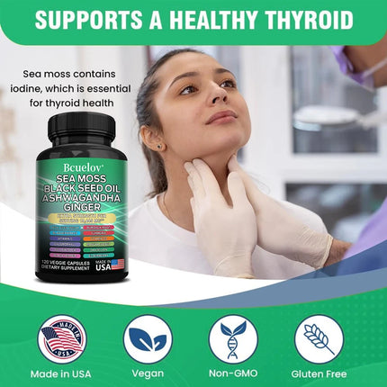 Sea Moss Complex Capsules with Ashwagandha Black Seed Oil Ginger, Daily Nutrition for Thyroid Gut Immune Skin & Joint Wellness