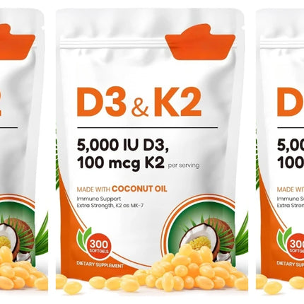 Vitamin D3 K2 Softgels with Coconut Oil, 5000 IU D3 & 100 mcg K2 MK-7, Daily Bone Wellness Support for Men & Women, 300 Count