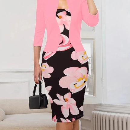 2026 New style fake two-piece slim dress seven-quarter sleeve short coat splicing printed bag hip pencil skirt