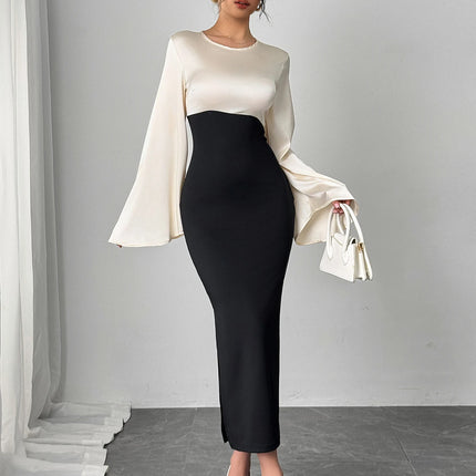 Women Maxi Dress Bell Sleeve Color Block Satin Bodycon Casual Dresses Elegant Spring Sexy Evening Wedding Guest Party Date Dress