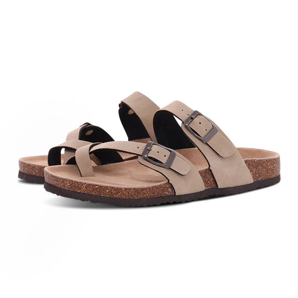 Evshine New Women's Cork Footbed Sandals Double Adjustable Buckle Slide Sandals Slip On Walking Summer Shoes Cork Clogs Slippers