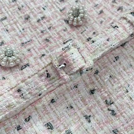 Spring Summer New Fashion Pink Tweed Handmade Beaded O Neck Dress Women Elegant Short Sleeve Slim Robe with Sashes Ladies 2025