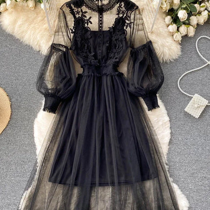 Ladies Dress Three-dimensional Flower Hook Mesh Temperament Stand Collar Lantern Sleeve High Waist Slim Female Dresses