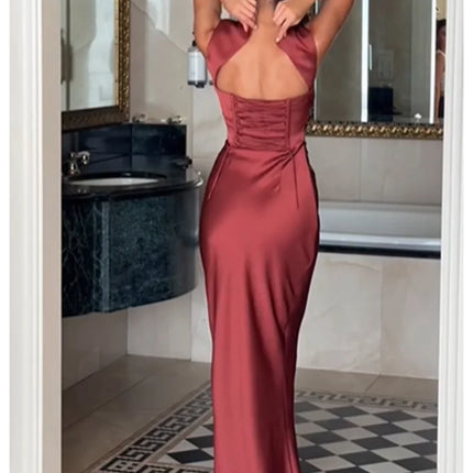 Solid Satin Cowl Neck Women's Dress Elegant Sleeveless Ruched Waist Fishtail Bodycon Lady Vestido 2026 Summer Party Dresses