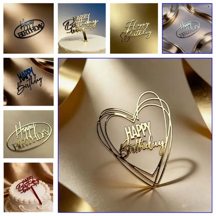 New Side Happy Birthday Cake Toppers Decoration Gold Acrylic Kids Birthday Party Cake Topper for Baby Shower Gift Baking Supplie