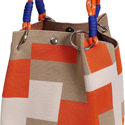 Mini Knitted Bucket Bag Women Small Handbag Geometric Colorblock Wristlet Purse With Detachable Handle