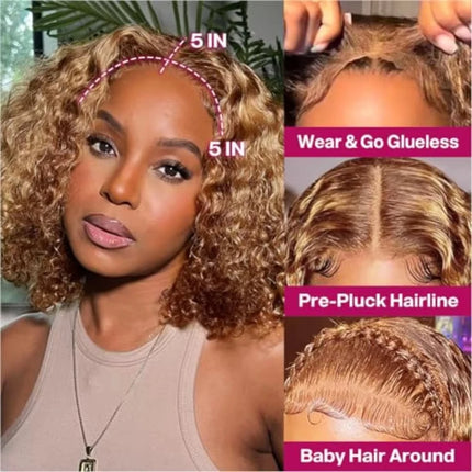 16 Inch Highlight Ombre Curly Bob Glueless Wig Human Hair Ready To Wear 250% Density 4x4 Deep Wave Lace Front Wigs Human Hair Colored Wig For Women