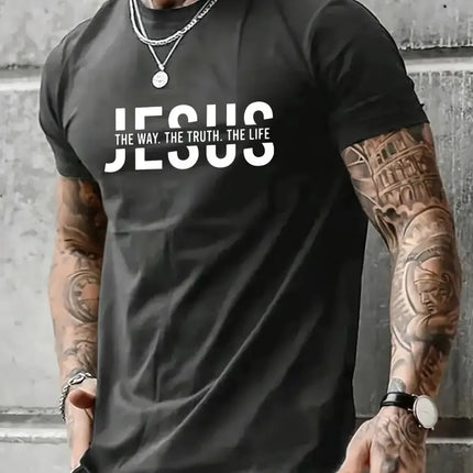 Summer men's polyester fiber casual loose round neck T-shirt Jesus Way Truth Life letter printed outdoor sports top