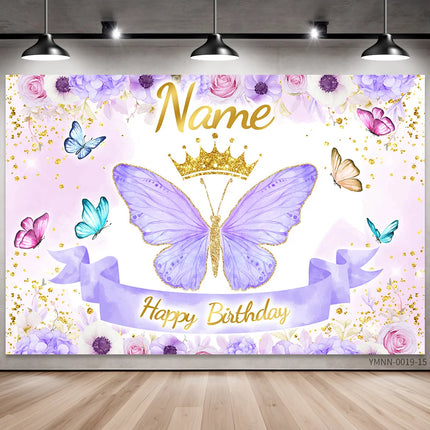 Custom Name Birthday Photo Backdrop Banner - Princess Theme Floral Butterfly Background with Glitter for Girls Party Decor