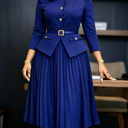 Women's Plus Size Spliced Pleated Dress Summer New Round Neck Solid Color Maxi Dress