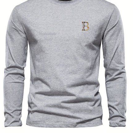 Men's 100% pure cotton loose and fashionable letter pattern printed sports and leisure round neck long sleeved T-shirt