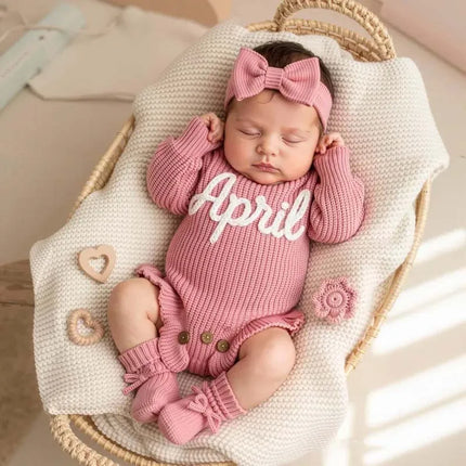 Custom Name Baby Knitted Romper Cotton Warm Long Sleeve Bodysuit Personalized Newborn Outfit Autumn Infant Jumpsuit Clothes Sets