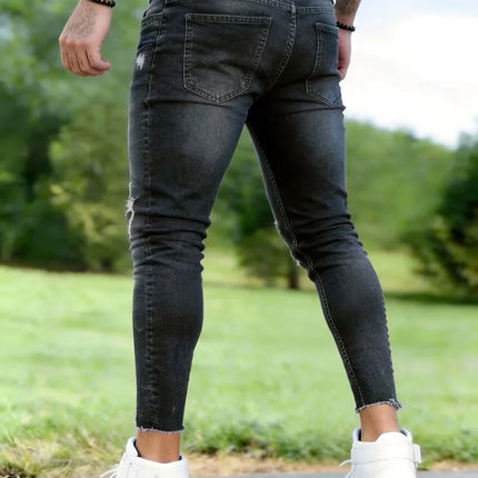 Trendy Products in Europe And America, Men'S Retro Trendy Ripped Jeans, Men'S Skinny Stretch Jeans, American Casual Street Style, Versatile Black, Distressed Details, Suitable for All Seasons, Fashionable Jeans