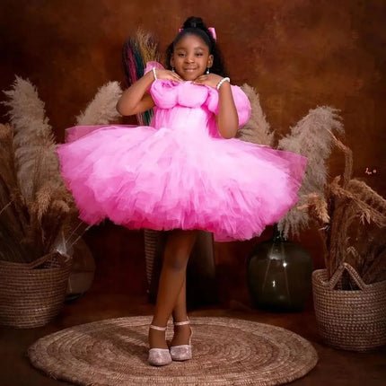 Pink Flower Girl Dress For Wedding Tulle High-Low Length Girl Kids Birthday Party Ruffles First Holy Communion Gowns Customized