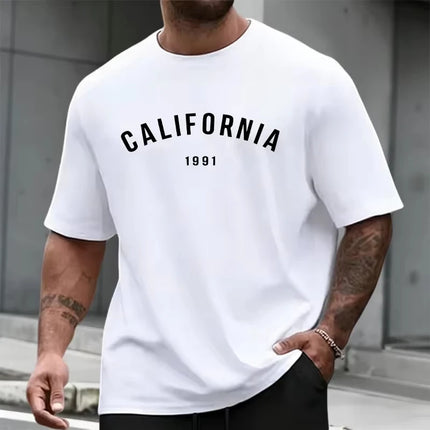 Men's Summer Round-Neck Casual Relaxed-Fit Short-Sleeve T-Shirt with California Letter Print Comfortable Short-Sleeve Top