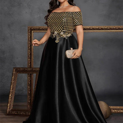 Plus Size Elegant Short Sleeve Sequins Splicing Formal Evening Dresses Women Luxury Party Bridesmaid Cocktail Gowns