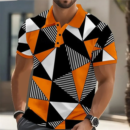 Colorful Line Pattern Men's Polo Shirt Fashion Trend Lapel Button 3D Color Block Printing Polo Shirt Casual Shirt