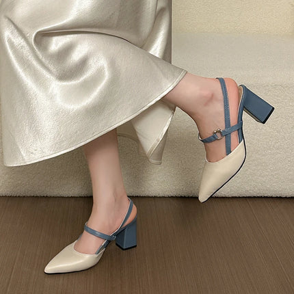 Women Slingback Pumps Pointed Toe Block Heels Two Tone Contrast Strap Ankle Buckle Shoes for Ladies Women's High‑heel Sandals