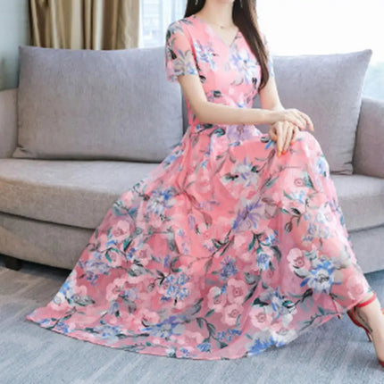 Short Sleeve Floral Print Midi Dress Summer Women Dress Waist Tight Flower Print Large Hem Maxi Dress Travel Vocation Dress