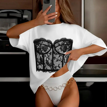 Lace Corset Print Oversized T Shirt Women Y2K Harajuku Casual Loose Short Sleeve Graphic Tee Summer Streetwear Tops