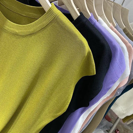 Women's T-shirt Summer O Neck Knitted Fashion Woman Blouse 2026 Short Sleeve Tees Solid Color Ice Silk Oversized T-shirt Women