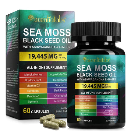 Acentialabs Sea Moss Black Seed Oil Capsules with Ashwagandha Vitamin C and Vitamin D3 Immune Energy & Detox Support 60 Capsules