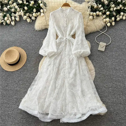 2026 Spring Autumn French High-end Women's Dress New Lace Embroidery Stand Lantern Sleeves Single Breasted Party Birthday Dress