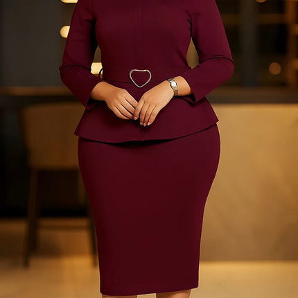Mlaiscsr African Women Formal Office Work Mid Dress with Belt Evening Club O Neck Long Sleeve High Waist Pencil Bodycon Vestidos