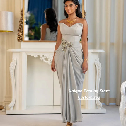 Customized Grey Strapless Evening Dresses Draped Pleated Beaded Appliques Formal Prom Dress For Wedding Guest Party Plus Size