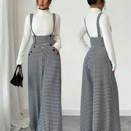 Overalls for Women's Winter Jumpsuit Black White Vintage Wide Leg Suspender Pants for Office Commute Casual Female Clothing