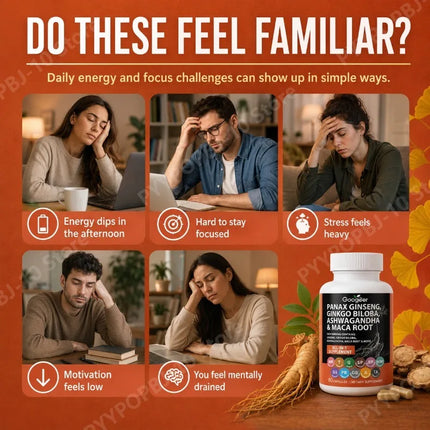 Botanical All in 1 Blend with Panax Ginseng Ginkgo Biloba Ashwagandha Maca Root Supports Daily Vitality Focus 60 Capsules