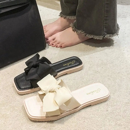 Casual Soft Sole Bowknot Slippers PVC Anti Slip Flat Slides Sandals Sweet Shoes Slippers Women Summer