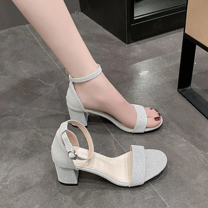 One line thick heel sandals for women 2025 new summer versatile mid heel fashion Roman style summer high heels 35-43