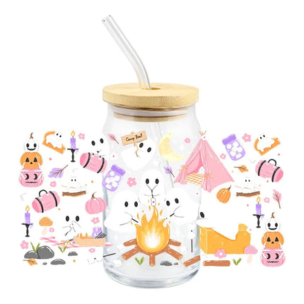 Halloween UV DTF 3D Ghost Design Transfer Sticker Wraps Cup Libbey Glass Cup 16 oz Waterproof Decals DIY Cartoon