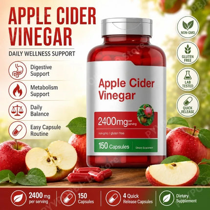 Apple Cider Vinegar Capsules 2400mg Per Serving Daily Wellness Support Non GMO Gluten Free 150 Capsules