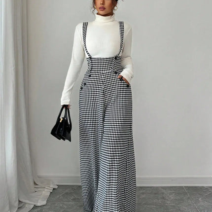 Overalls for Women's Winter Jumpsuit Black White Vintage Wide Leg Suspender Pants for Office Commute Casual Female Clothing